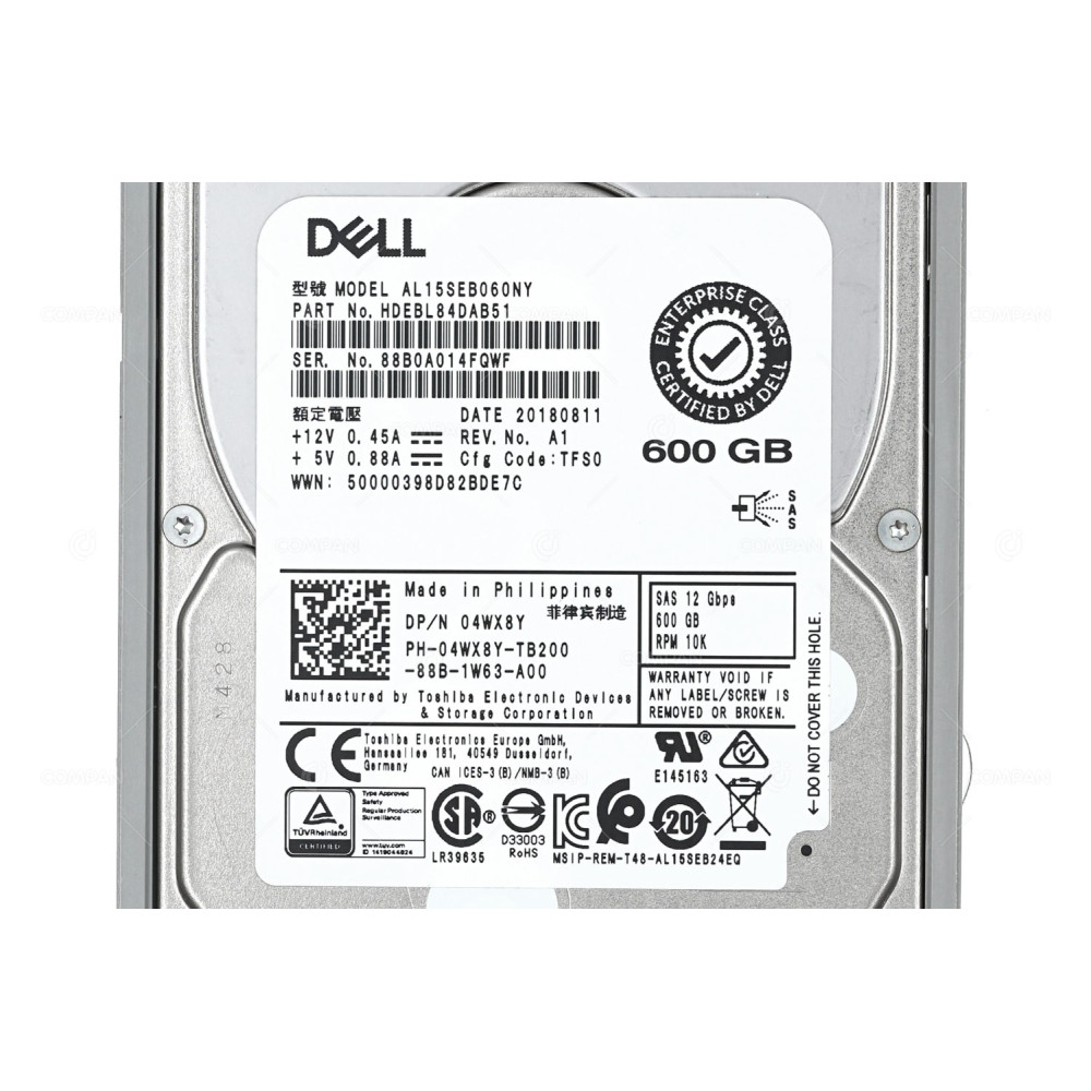 4WX8Y DELL HDD 600GB 10K SAS 12G 2.5" SFF FOR DELL R730 G13